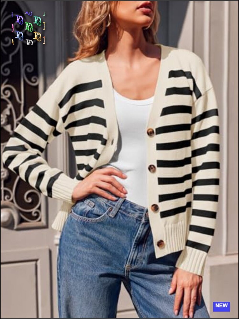 Womens V Neck Button Down Striped Cardigan Sweater Long Sleeve Open Front - Picture 4 of 6